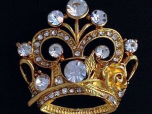 Crown Rose Brooch Pin Rhinestones Gold New