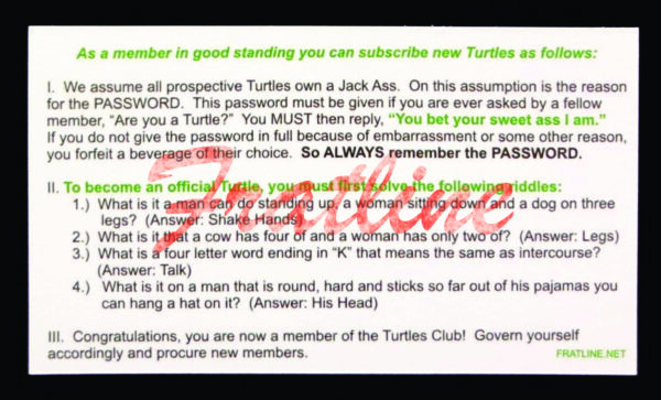Fratline Order of Turtles Membership Initiation Card Back